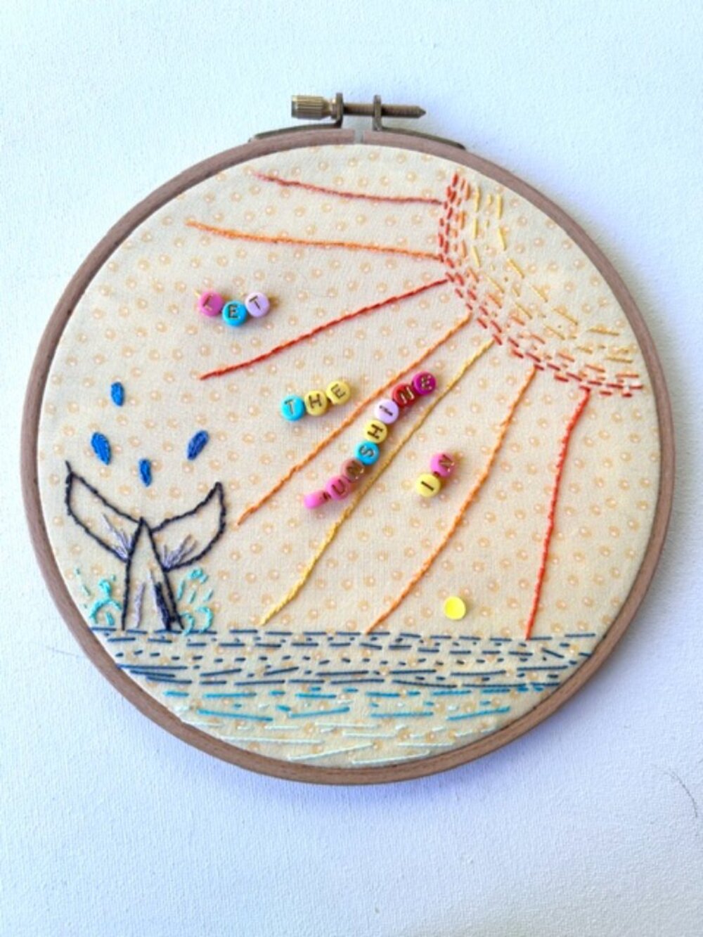 Hand Embroidered "Let the Sunshine In" Whale Wall Art | 8" Hoop | Nursery & Kids
